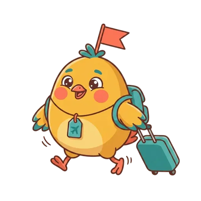 Yippo the chick marching off with a suitcase